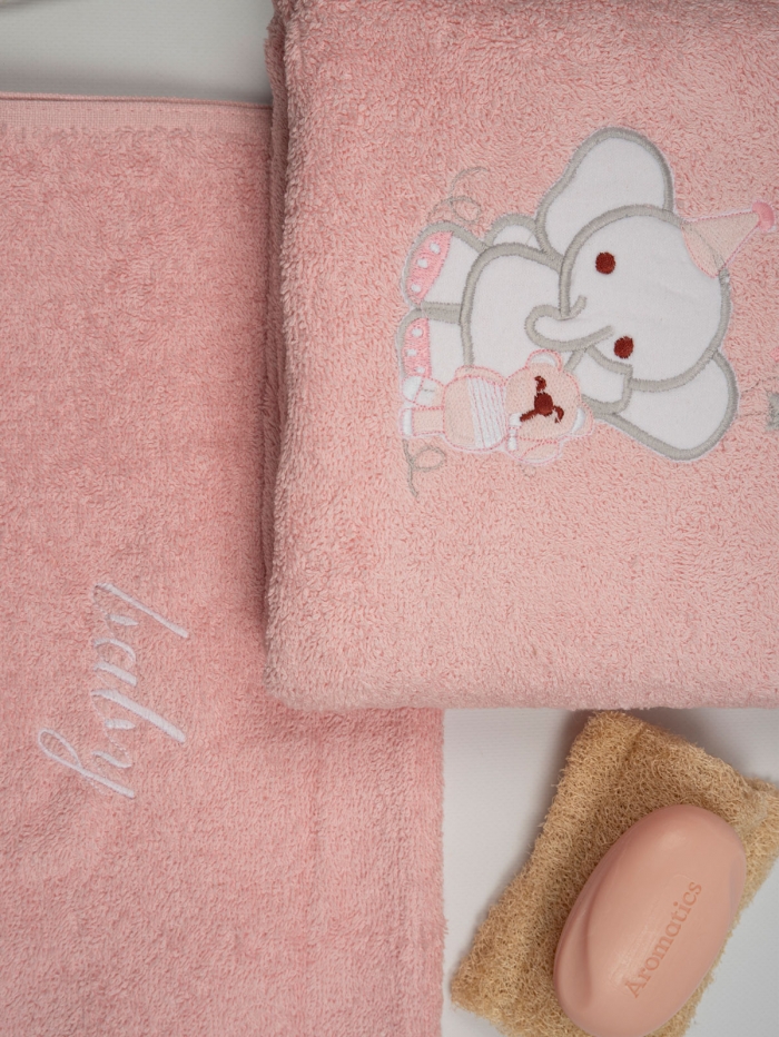 Σετ πετσέτες κεντητές Elephant 03 Pink/Pink